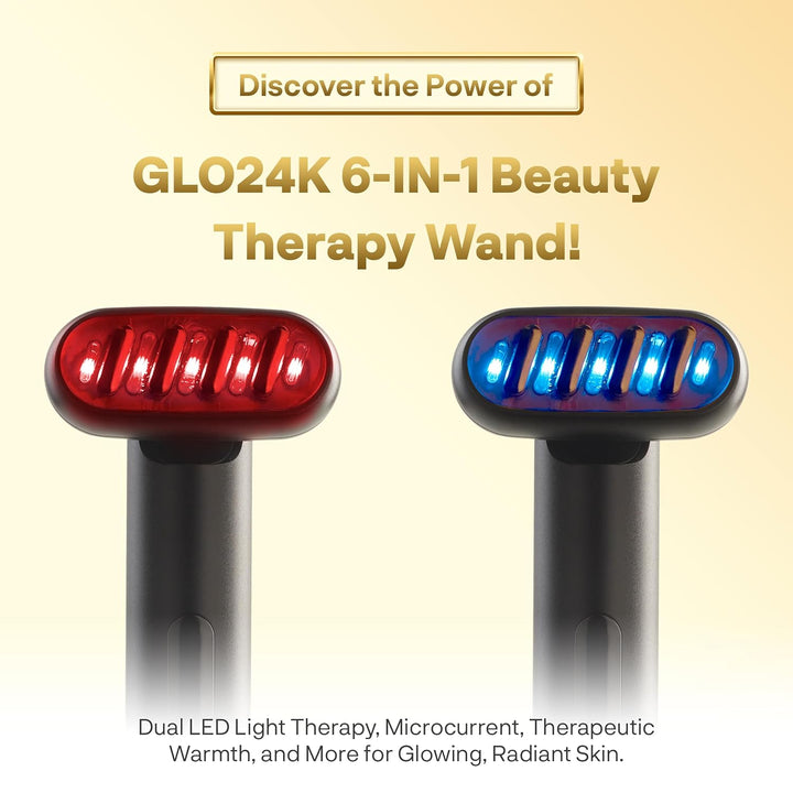 Infographic explaining the simple steps for using the GLO24K 6-IN-1 Beauty Therapy Wand for radiant skin.