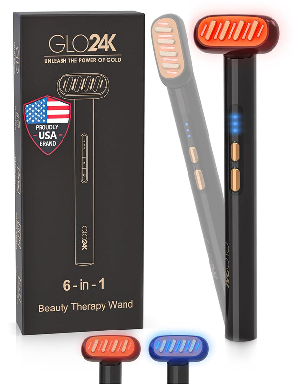 Features of the GLO24K 6-IN-1 Beauty Therapy Wand highlighted, with focus on skin rejuvenation benefits