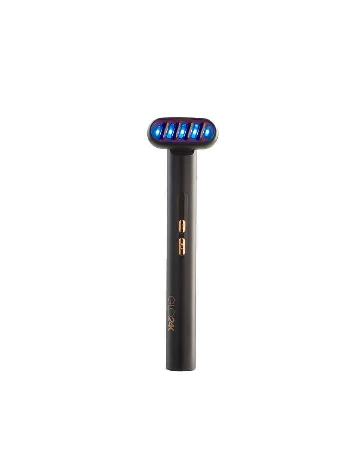GLO24K 6-IN-1 Beauty Wand with Blue Light Therapy activated, showcasing skin soothing capabilities
