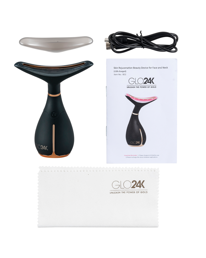 GLO24K Skin Rejuvenation Beauty Device complete package with ergonomic LED neck applicator