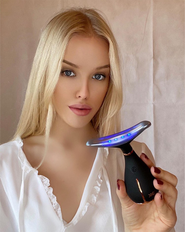 Model using GLO24K LED Skin Rejuvenation Device, highlighting the beauty and effectiveness of the product